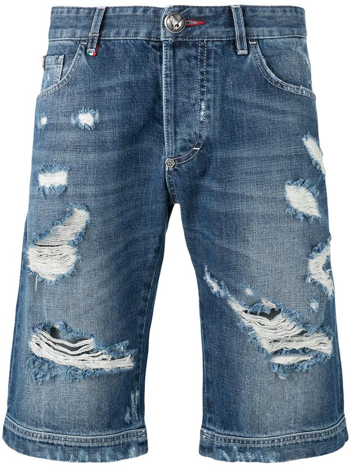 Philipp Plein Leather Pocket Shorts, Men's, Size: 32, Blue, Cotton/polyester