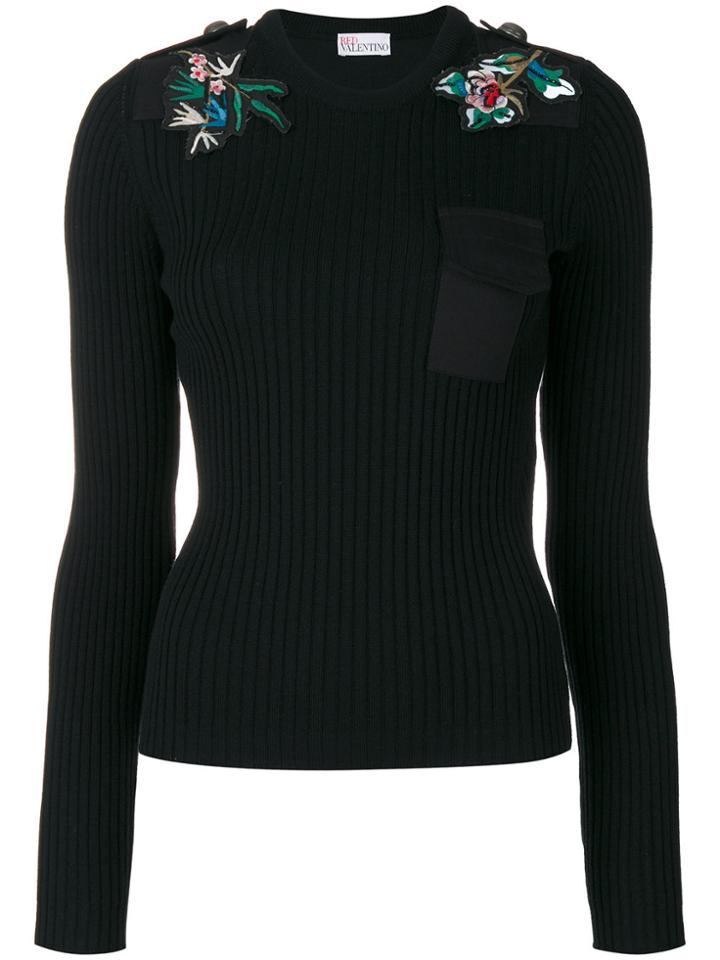 Red Valentino Flower Patches Ribbed Jumper - Black