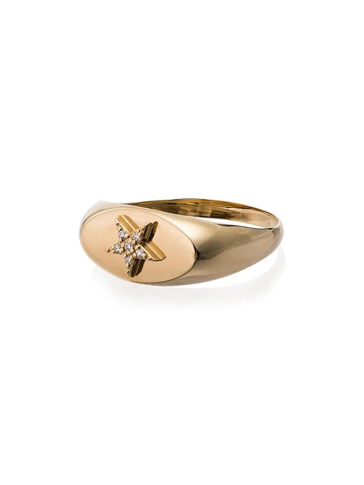 Foundrae Gold Star Diamond Embellished Signet Ring - Metallic