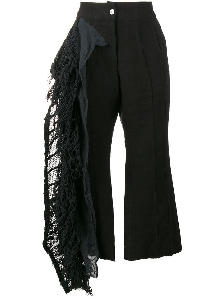 By Walid - Lace Frill Cropped Trousers - Women - Cotton/linen/flax - L, Black, Cotton/linen/flax