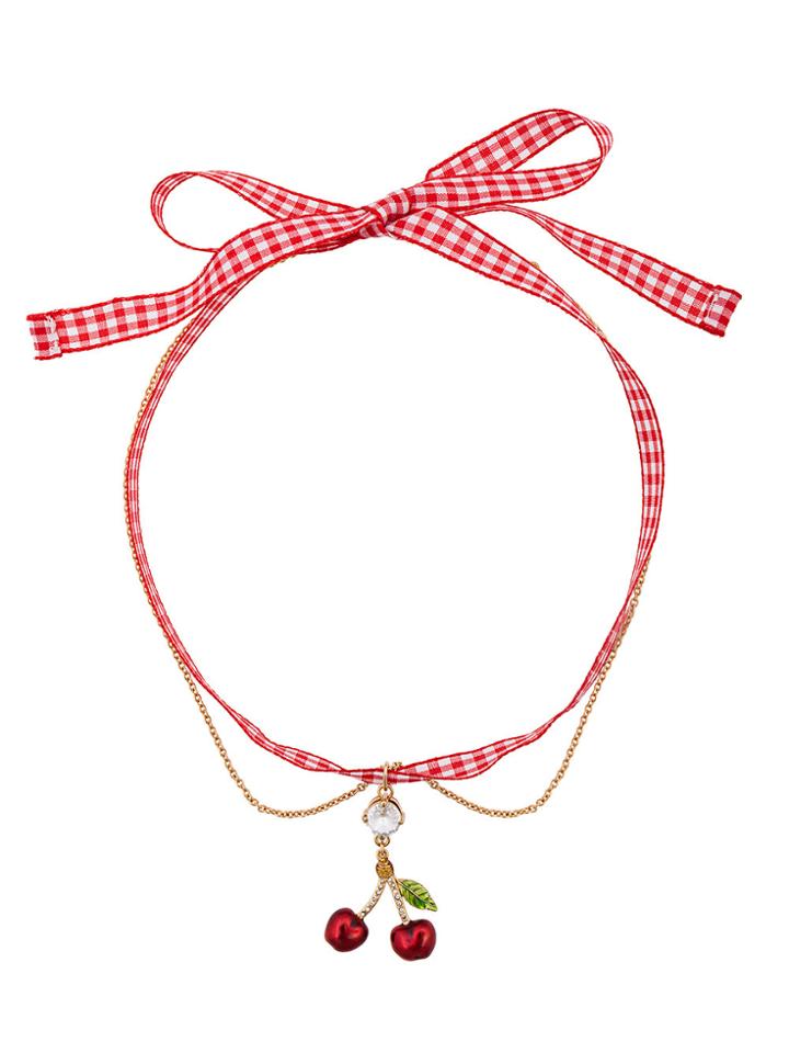 Miu Miu Gingham Cherry Necklace - Metallic