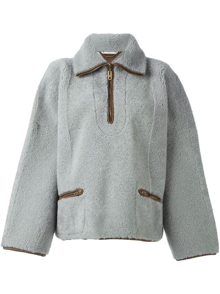 Chloé Zipped Shearling Jacket, Women's, Size: 36, Blue, Cotton/lamb Fur/lamb Skin