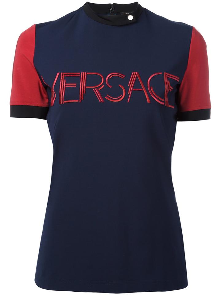 Versace Embroidered Logo Compact Jersey, Women's, Size: 42, Blue, Viscose/spandex/elastane