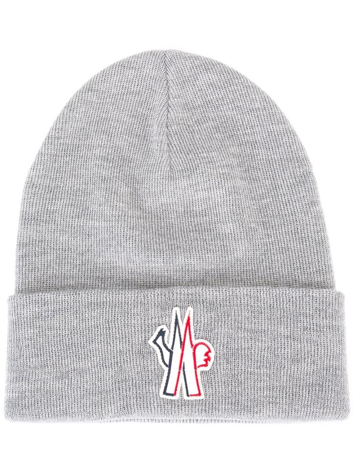 Moncler Grenoble Logo Patch Beanie, Men's, Grey, Virgin Wool