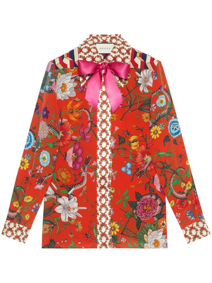 Gucci Flora Snake Print Silk Shirt - Red