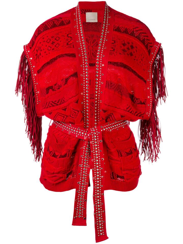 Laneus - Fringed Shortsleeved Cardigan - Women - Cotton/polyamide/viscose - 44, Red, Cotton/polyamide/viscose