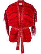 Laneus - Fringed Shortsleeved Cardigan - Women - Cotton/polyamide/viscose - 44, Red, Cotton/polyamide/viscose