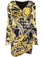 Versace Baroque Print Ruched Mini Dress - Black