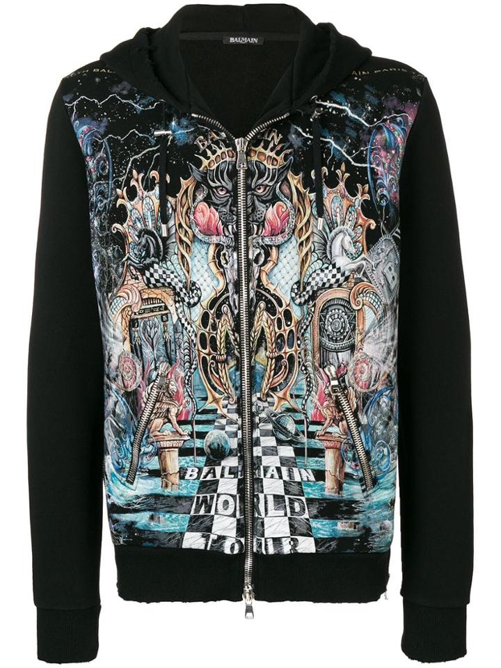 Balmain Zip-up Printed Hoodie - Black