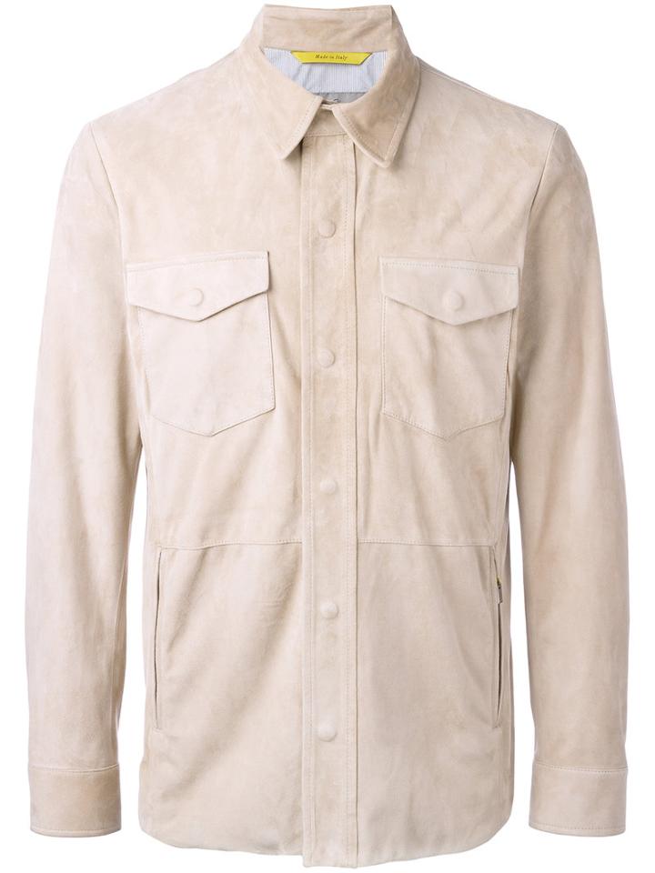 Canali Chest Pockets Leather Jacket, Size: 52, Nude/neutrals, Goat Fur/polyester/cotton