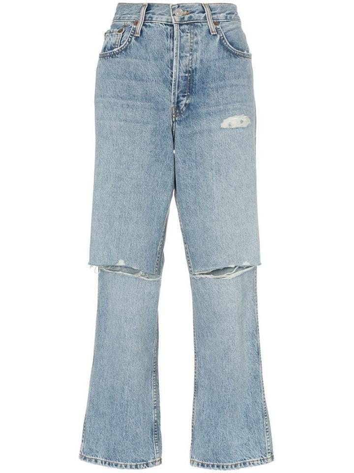 Re/done Slashed Knee Cropped Jeans - Blue