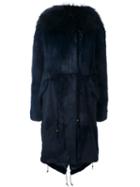 Furs66 Hooded Fur Trim Parka, Women's, Size: 40, Blue, Rabbit Fur/racoon Fur/viscose