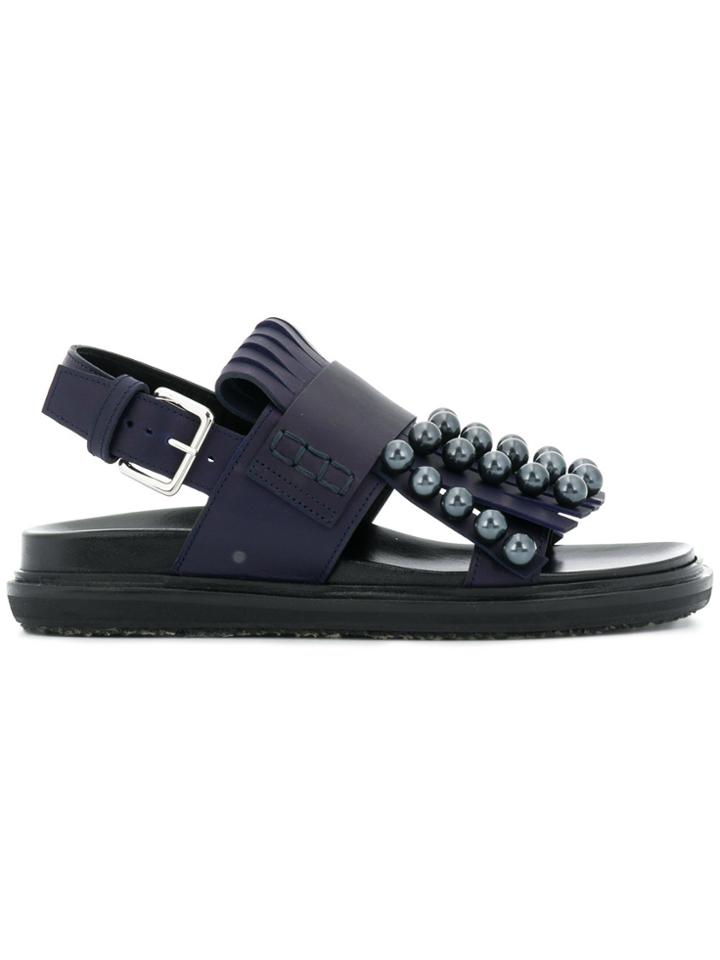 Marni Pearl Embellished Fringed Sandals - Blue