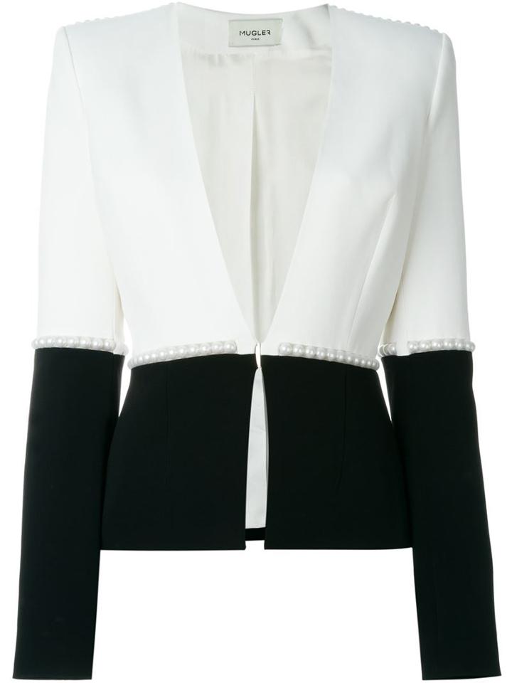 Mugler Pearl Embellished Blazer, Women's, Size: 40, White, Acetate/viscose/spandex/elastane/polyester