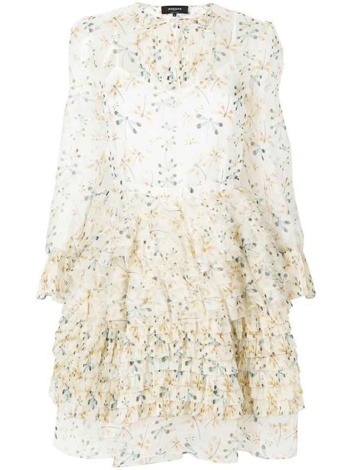 Rochas Dragonfly Print Frill Skirt Dress - Nude & Neutrals