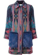 Giada Benincasa Ethnic Pattern Coat, Women's, Size: Medium, Blue, Cotton/mink Fur/acrylic/metallized Polyester