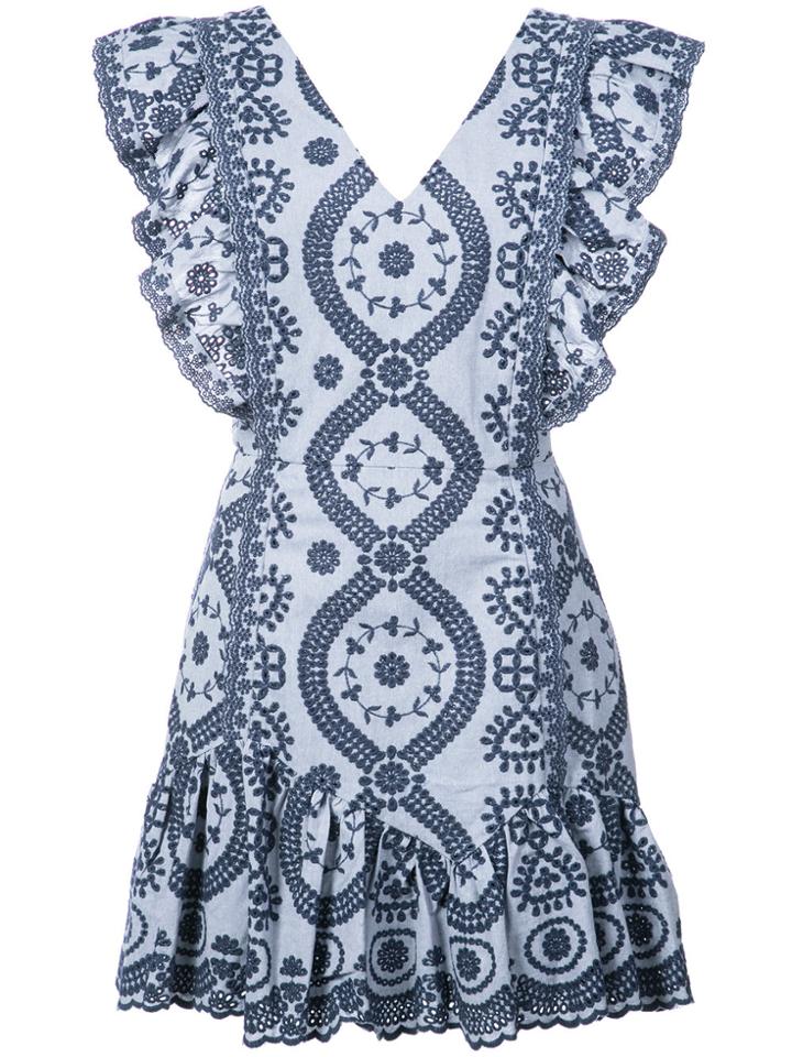 Love Shack Fancy Floral Embroidered Ruffle Trim Dress - Blue