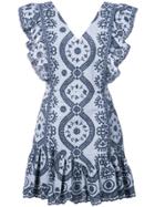 Love Shack Fancy Floral Embroidered Ruffle Trim Dress - Blue