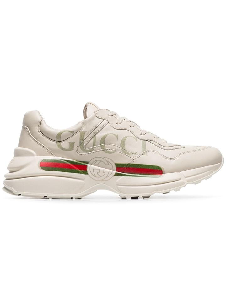 Gucci White Rhyton Logo Print Leather Sneakers - Neutrals