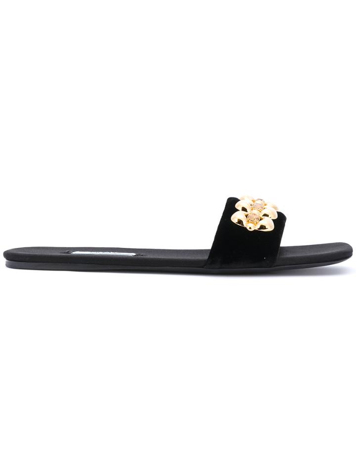 Prada Plaque Embellished Sliders - Black