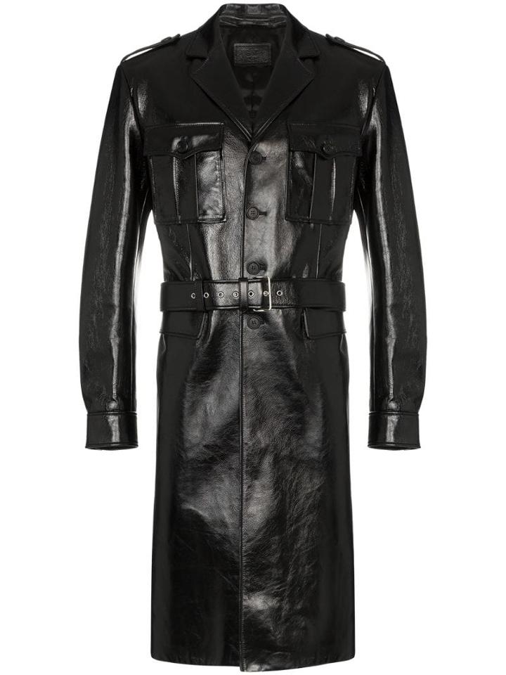 Prada Leather Belted Military Coat - Black