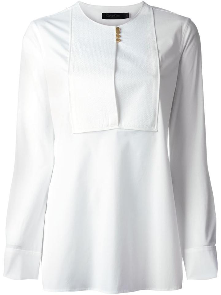 Calvin Klein Collection Bib Blouse, Women's, Size: 44, White, Cotton/spandex/elastane