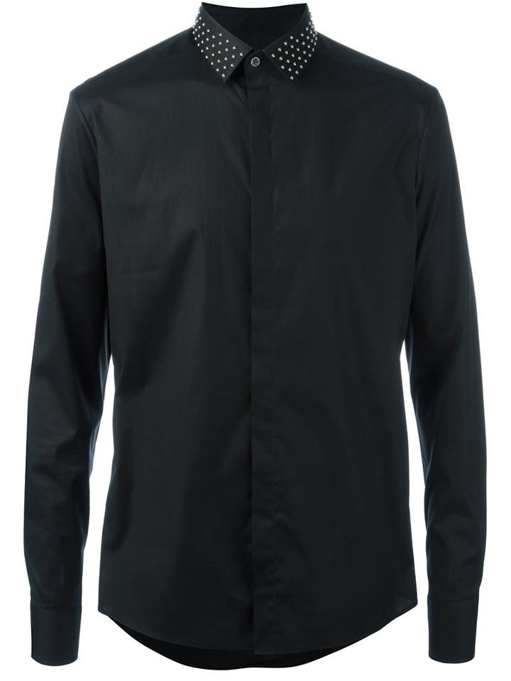 Les Hommes Studded Collar Shirt, Men's, Size: 50, Black, Cotton/spandex/elastane