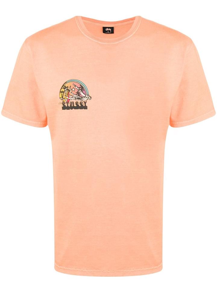 Stussy Logo Print Crew Neck T-shirt - Orange