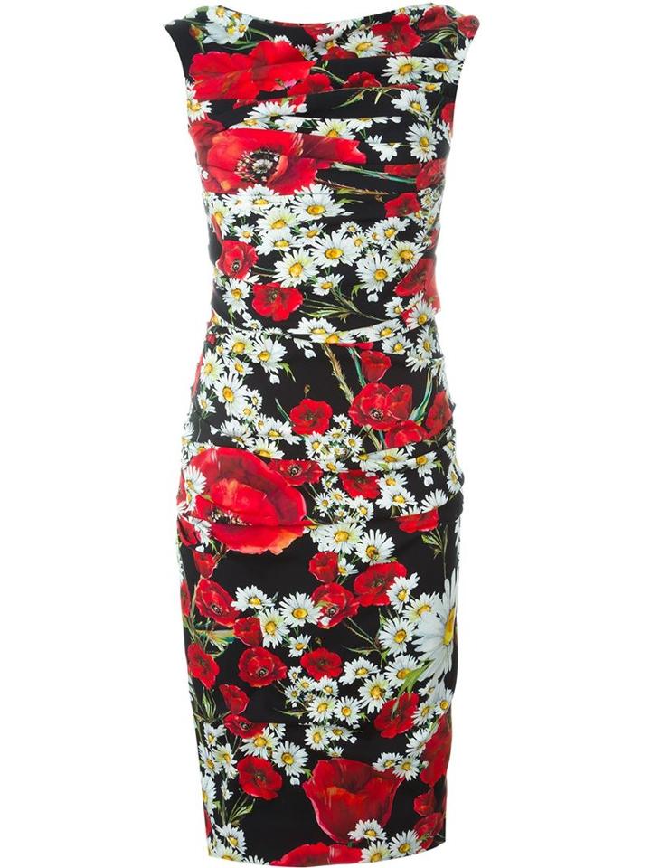 Dolce & Gabbana Daisy And Poppy Print Dress, Women's, Size: 42, Black, Silk/spandex/elastane