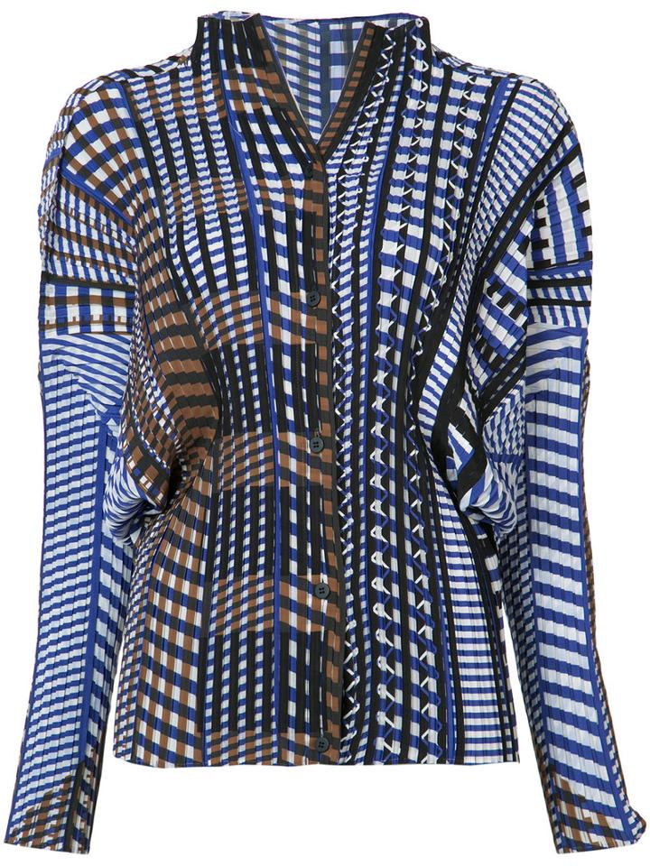 Issey Miyake Geometric Print Plissé Blouse, Women's, Size: 2, Brown, Polyester