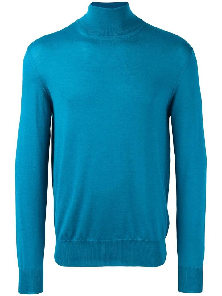 Jil Sander Turtle Neck Jumper, Men's, Size: 46, Blue, Wool/silk