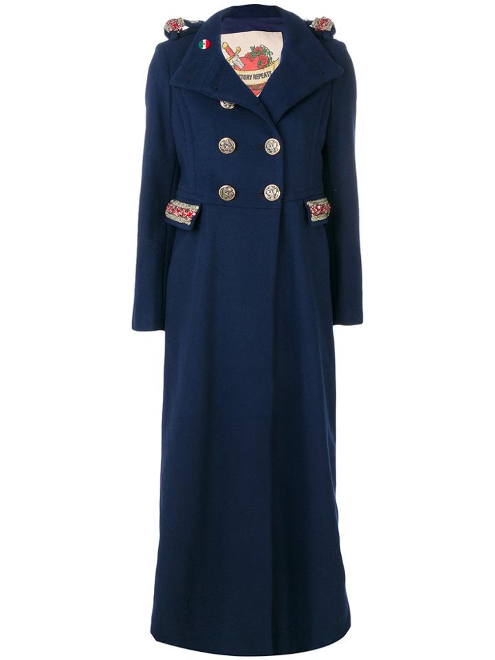 History Repeats Embellished Double Breasted Military Coat - Blue