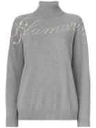 Blumarine Embellished Slogan Front Turtleneck Sweater - Grey