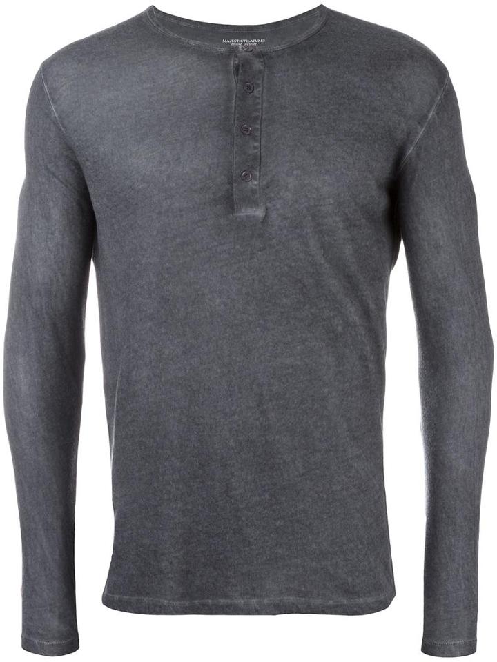 Majestic Filatures Buttoned Longsleeved T-shirt, Men's, Size: Medium, Blue, Cotton/cashmere