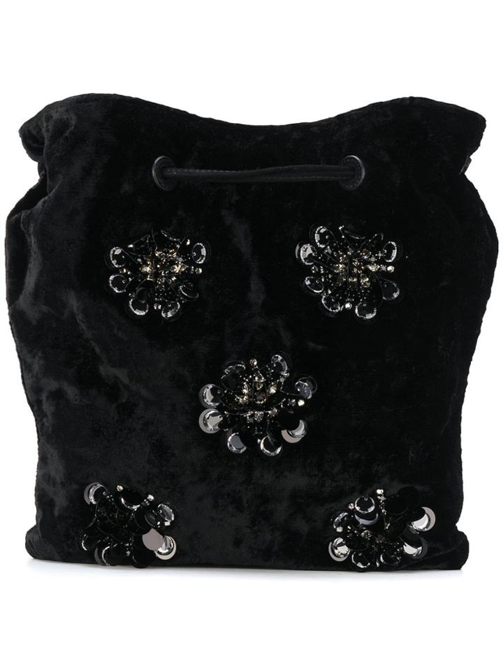Miu Miu Flower Embellished Drawstring Tote - Black
