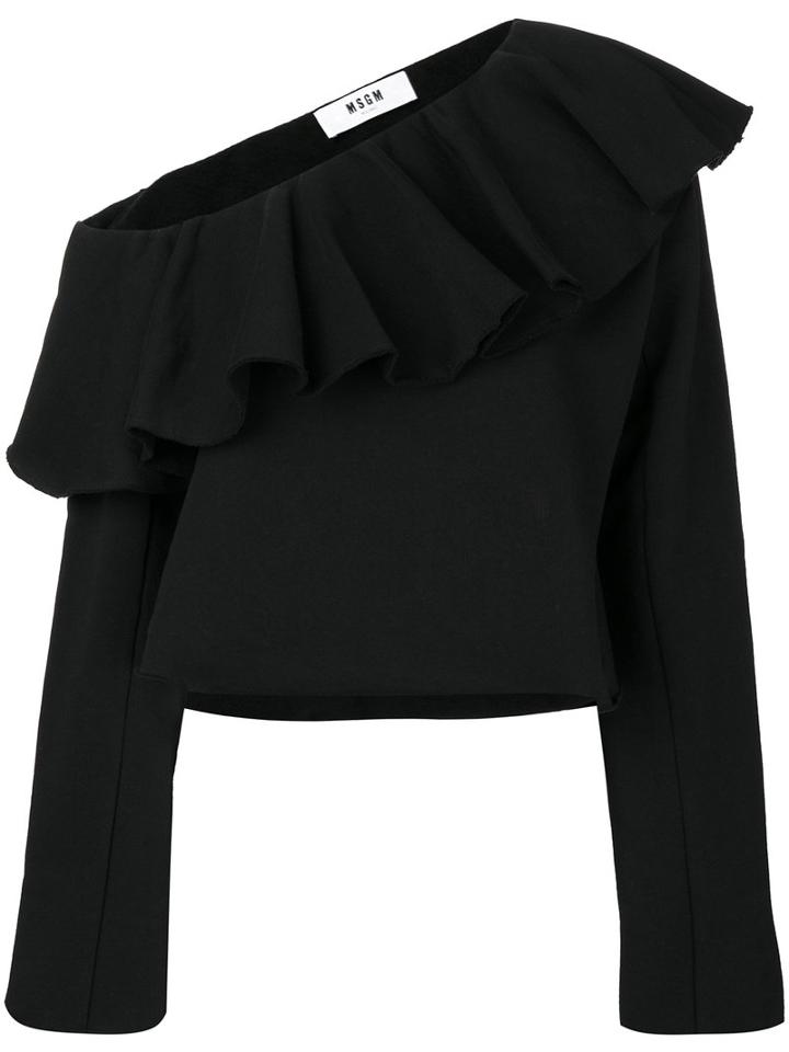 Msgm - Off-shoulder Frilled Sweatblouse - Women - Cotton - Xs, Black, Cotton