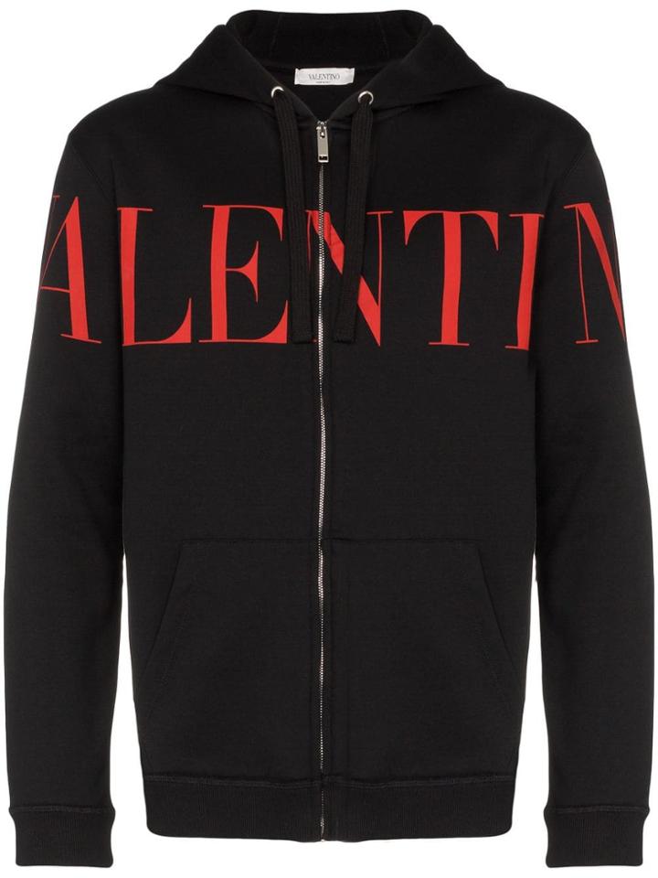 Valentino Logo Print Zip-up Hoodie - Black