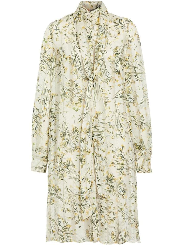 Burberry Floral Print Organza Tie-neck Shirt Dress - White