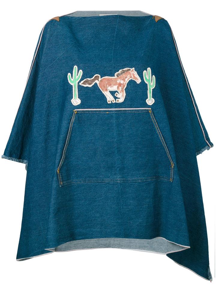 Ermanno Gallamini - Patch Detail Poncho - Women - Cotton - One Size, Blue, Cotton