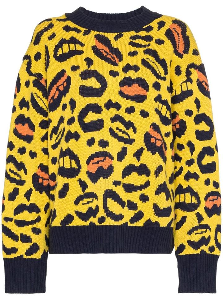 Charm's Leopard And Lips Pattern Knit Sweater - Yellow & Orange