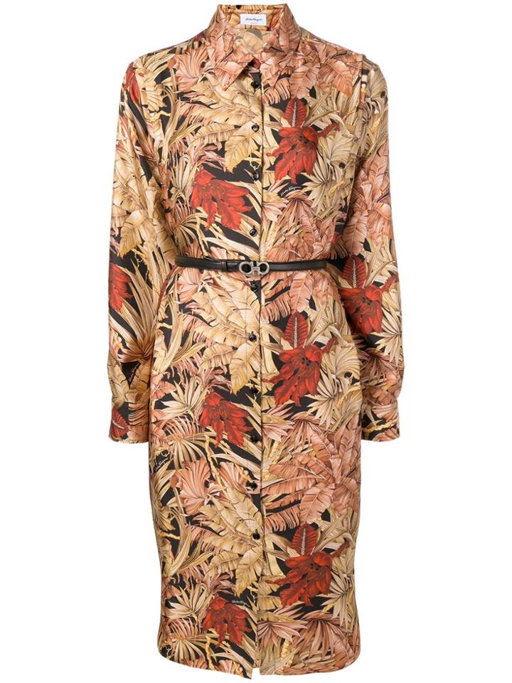 Salvatore Ferragamo Foliage Print Shirt Dress - Neutrals