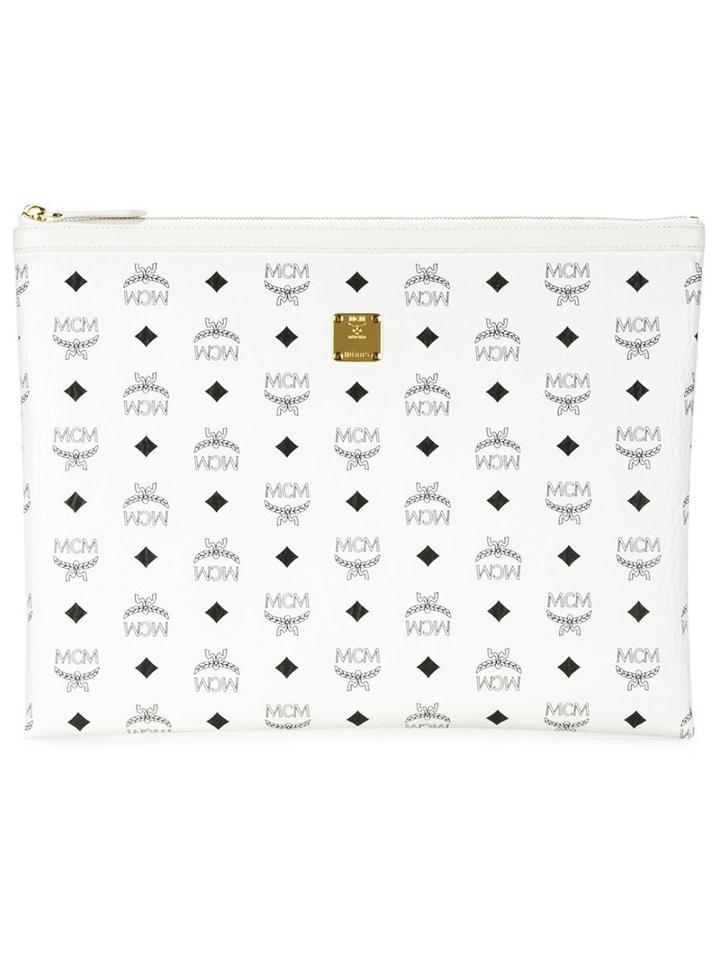 Mcm Logo Print Zip Clutch, Women's, White, Pvc