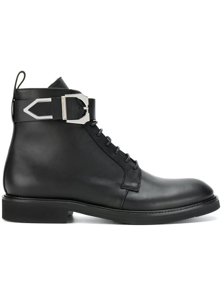 Versus Buckle Strap Lace-up Boots - Black