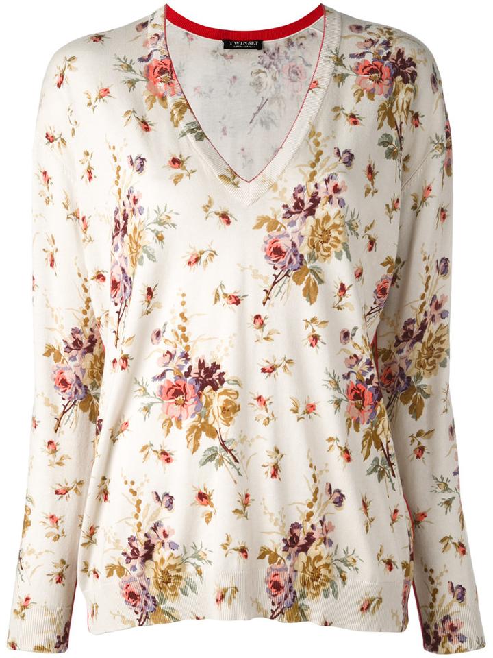 Twin-set - Floral V-neck Sweater - Women - Cotton/viscose - S, Nude/neutrals, Cotton/viscose