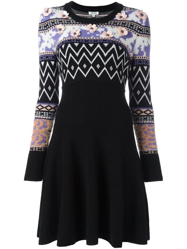 Kenzo Intarsia Sweater Dress, Women's, Size: Medium, Black, Polyamide/wool