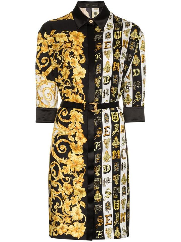Versace Baroque Print Belted Silk Shirt Dress - Black