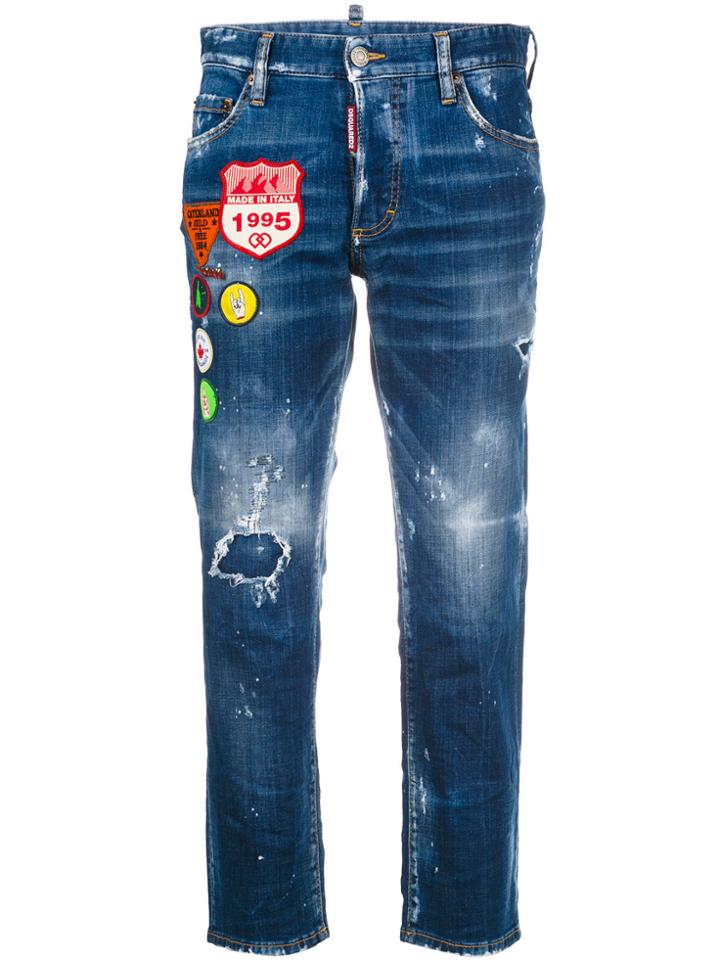 Dsquared2 Cropped Distressed Jeans With Patches - Blue