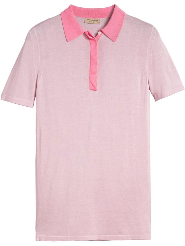 Burberry Contrast Collar Silk Cashmere Polo Shirt - Pink & Purple