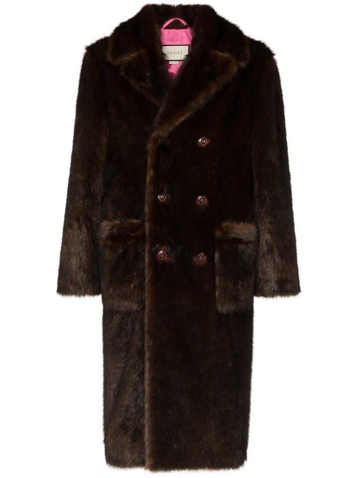 Gucci Double-breasted Faux Fur Coat - Brown