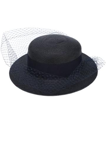 Federica Moretti - Veil Embellished Hat - Women - Cotton/polyester/viscose/straw - M, Women's, Blue, Cotton/polyester/viscose/straw